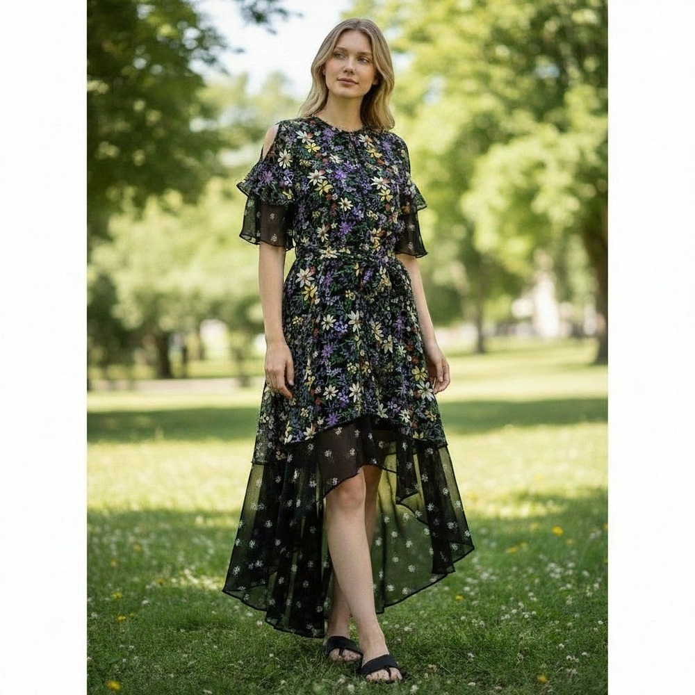 Taylor Floral HighLow Midi Dress Black Mixed Botanical Print Flutter Sleeve 12